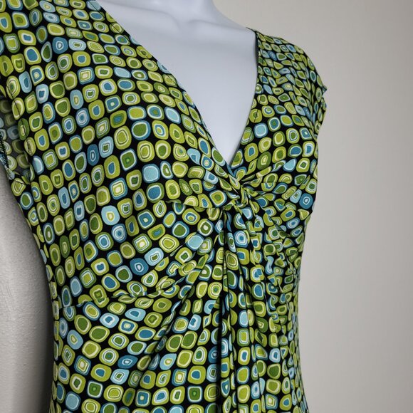 Vintage 90s y2k green blue geometric print mod 70s vibe v neck midi dress size 8 - Picture 2 of 6